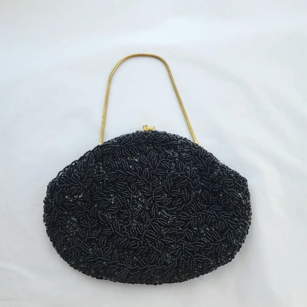 All Over Beaded Clutch Evening Bag Black Satin Vintage Handmade‎ In Hong Kong